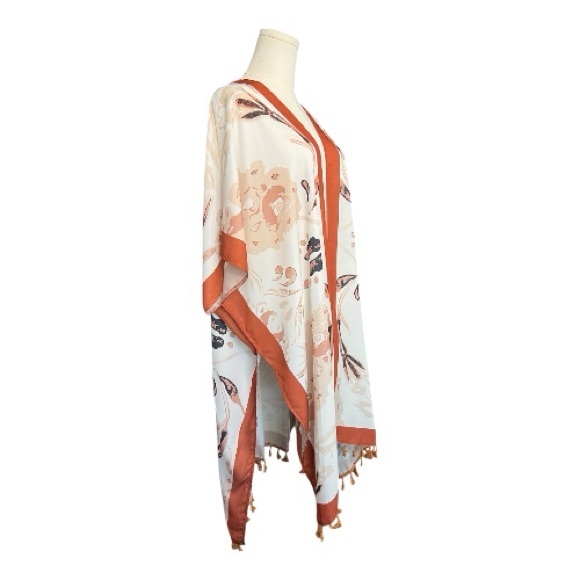 🤎🤍 EUC Bohemian Cream & Rust Print Chiffon Kimono Caftan Cover Up | OS - Picture 3 of 7